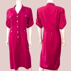 Vtg 80s Stuart Alan Hot Pink Shirt Dress Size Large Gold Buttons Military Preppy